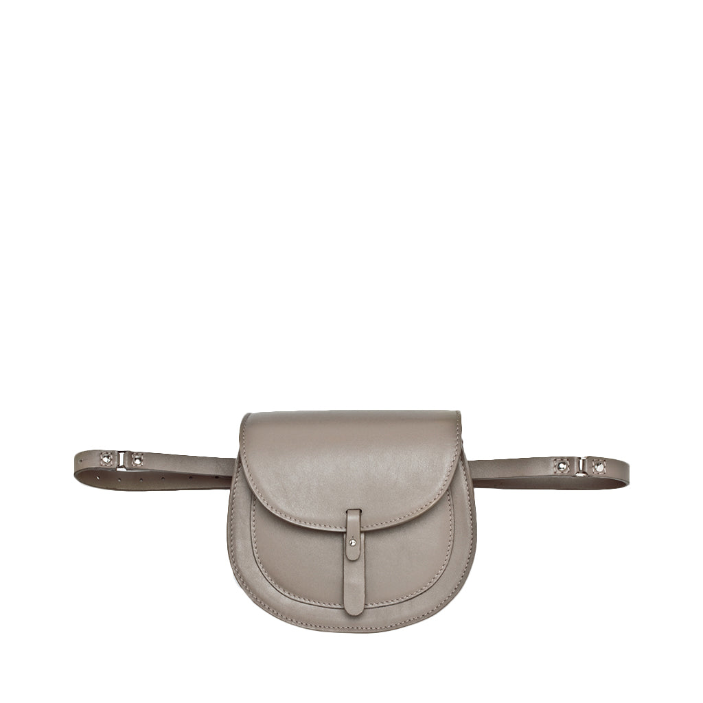 Gray leather crossbody bag with flap closure and adjustable straps