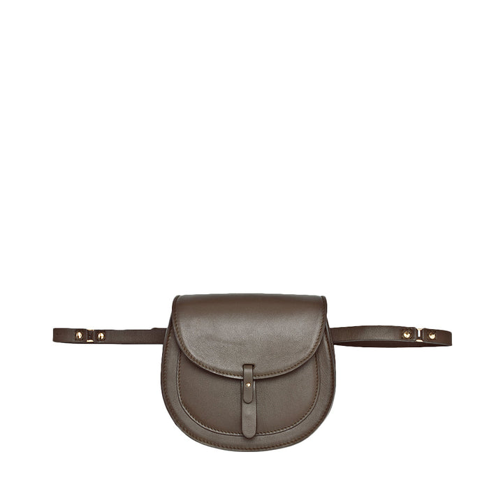 Brown leather belt bag with front flap and adjustable strap