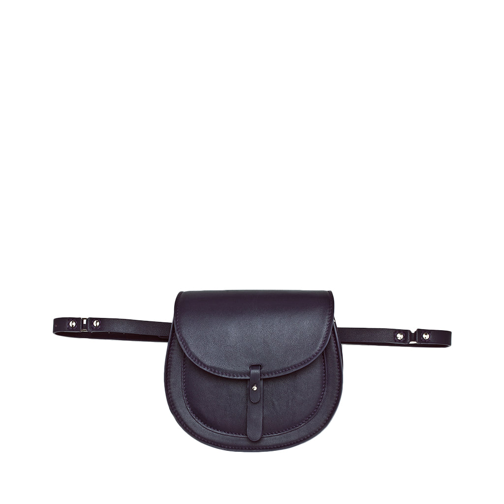 Black leather belt bag with front clasp and adjustable straps