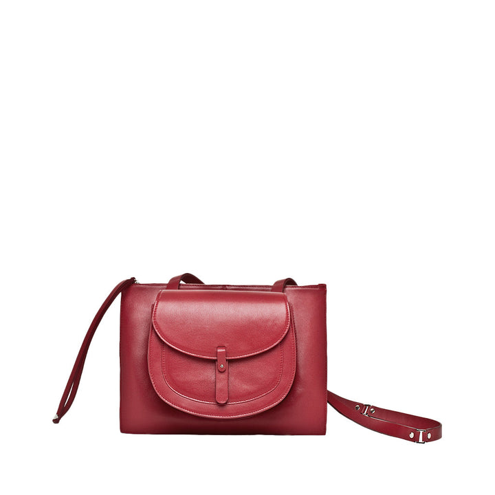 Red leather shoulder bag with a front pocket and adjustable strap
