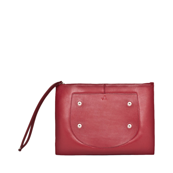 Red leather clutch bag with wrist strap and front pocket