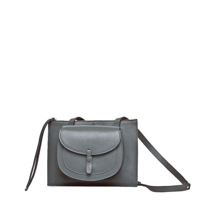 Elegant black leather crossbody bag with front pocket and adjustable strap