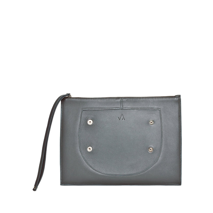 Elegant grey leather clutch with wrist strap and metal accents