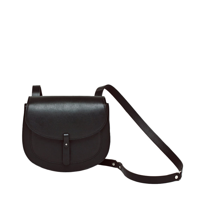 Elegant black leather crossbody satchel with adjustable strap