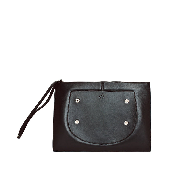 Black leather clutch with wrist strap and front pocket