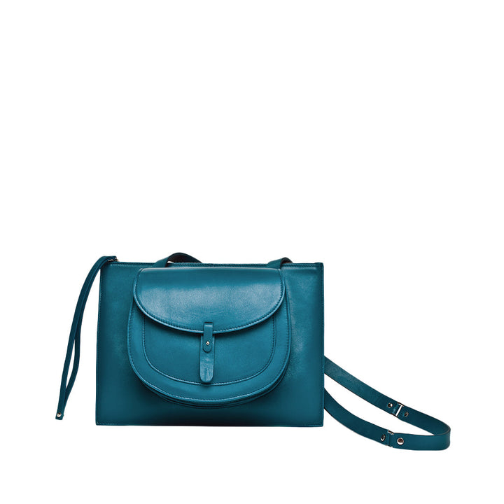 Teal leather crossbody bag with adjustable strap and front pocket