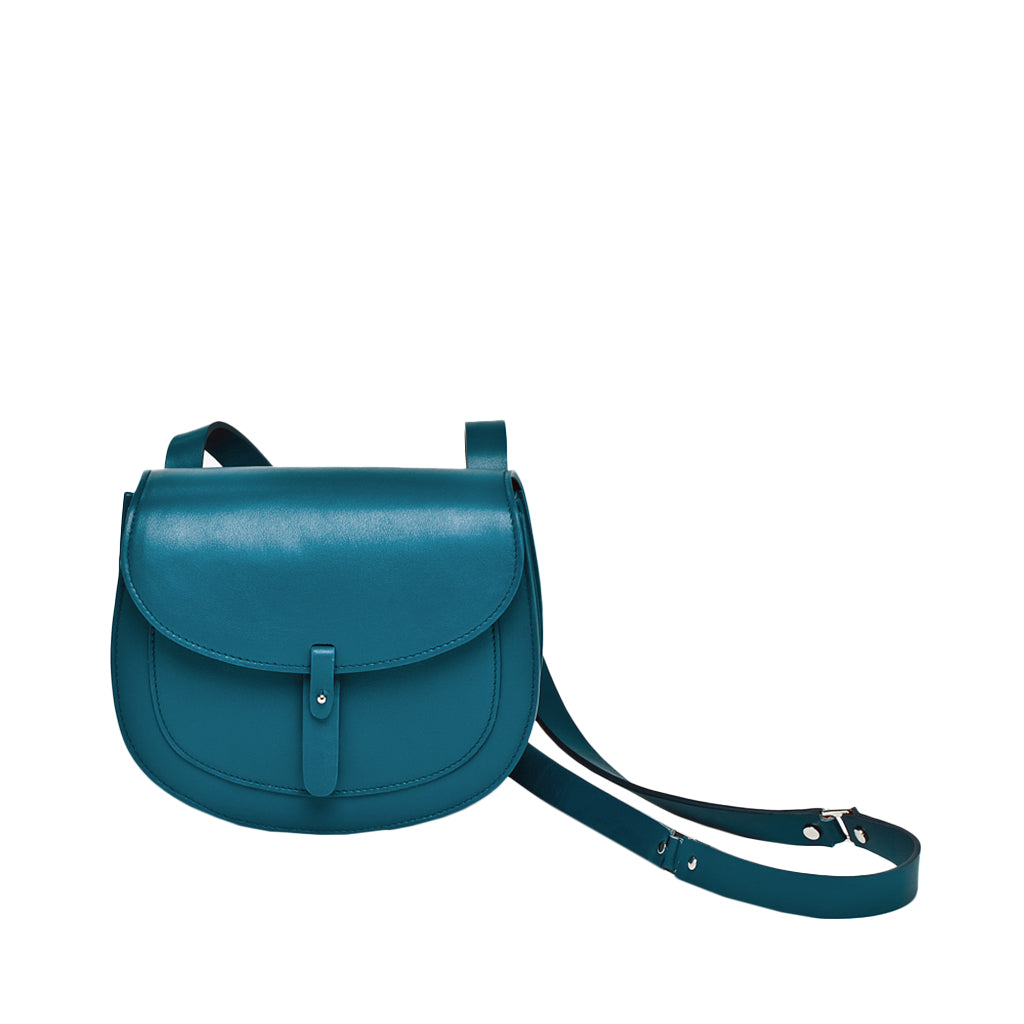 Teal leather crossbody bag with adjustable strap