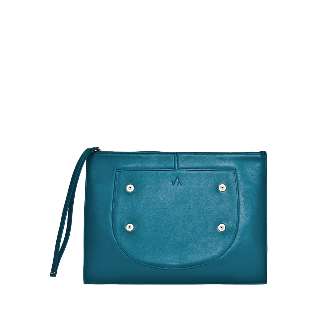 Teal leather clutch bag with zip and button details