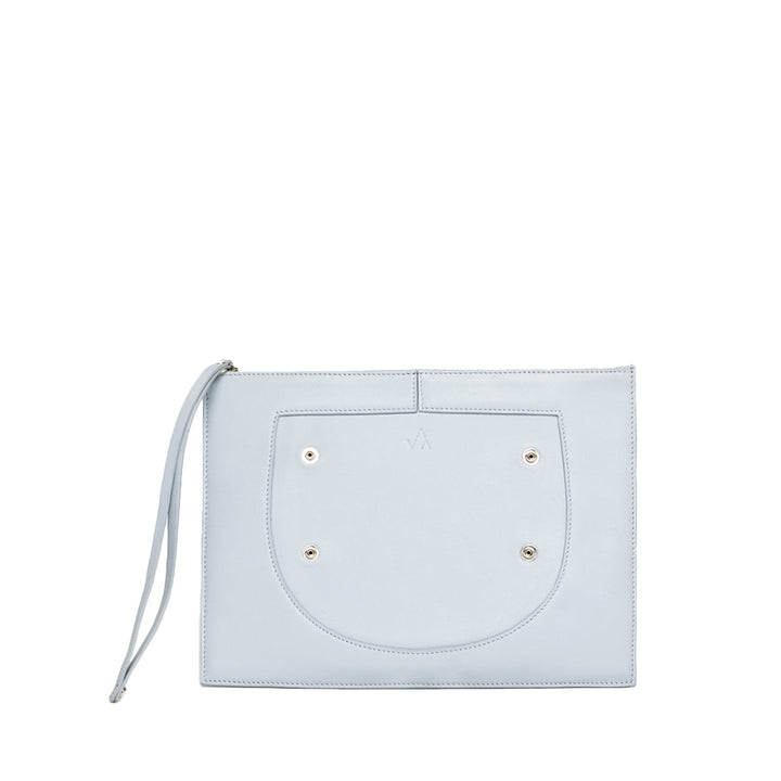 Elegant light blue leather clutch with wrist strap and silver rivet details
