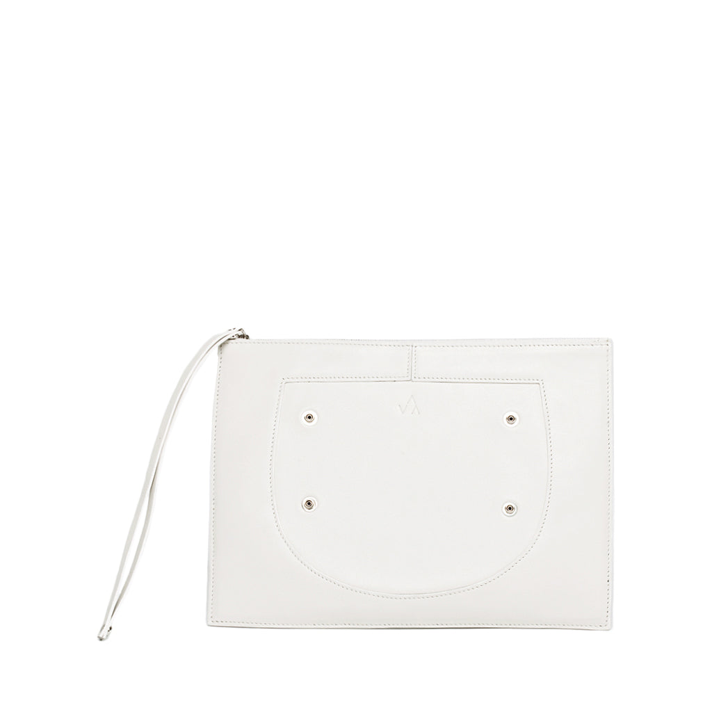 White leather clutch bag with wrist strap and front pocket