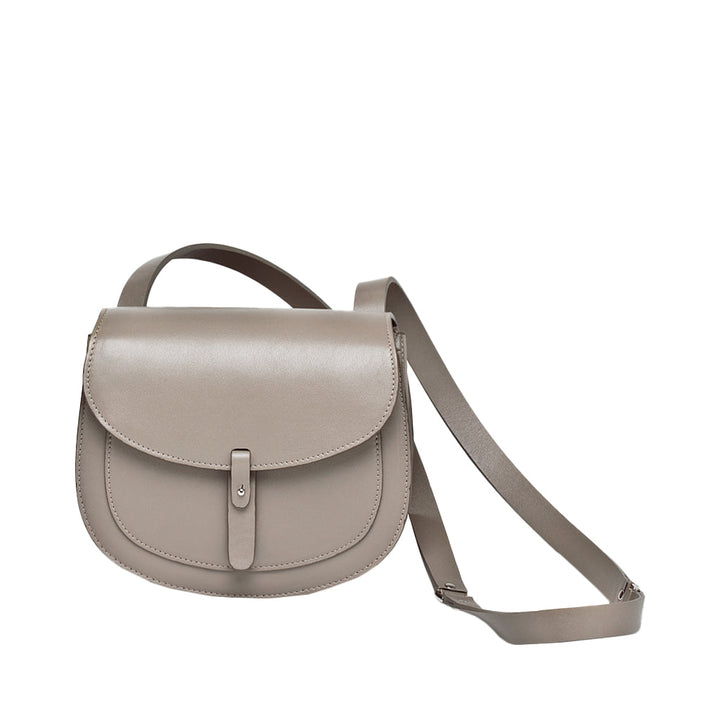 Elegant taupe leather crossbody bag with adjustable strap