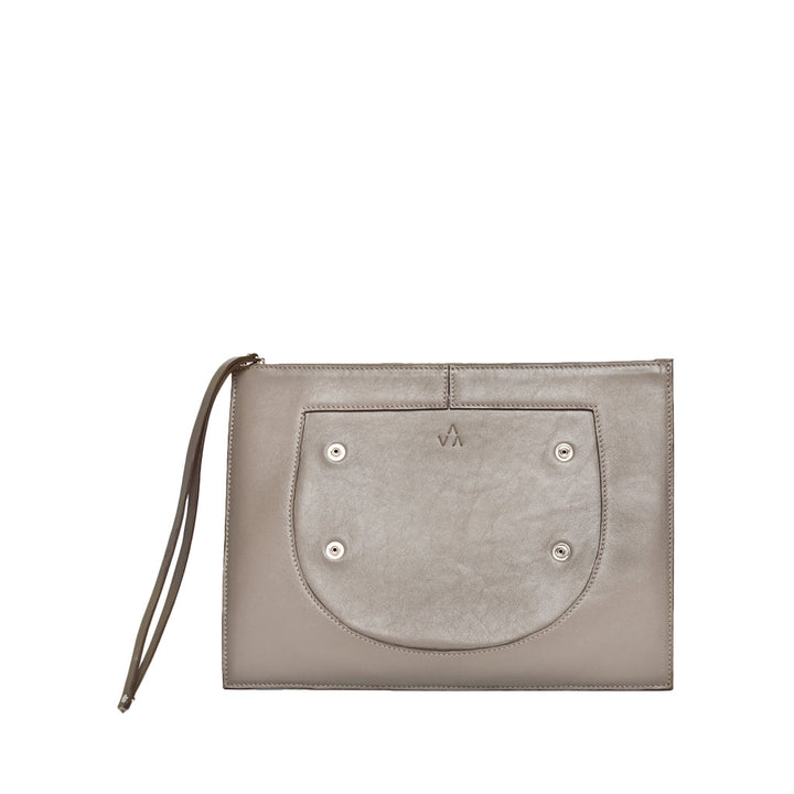 Tan leather clutch bag with wrist strap