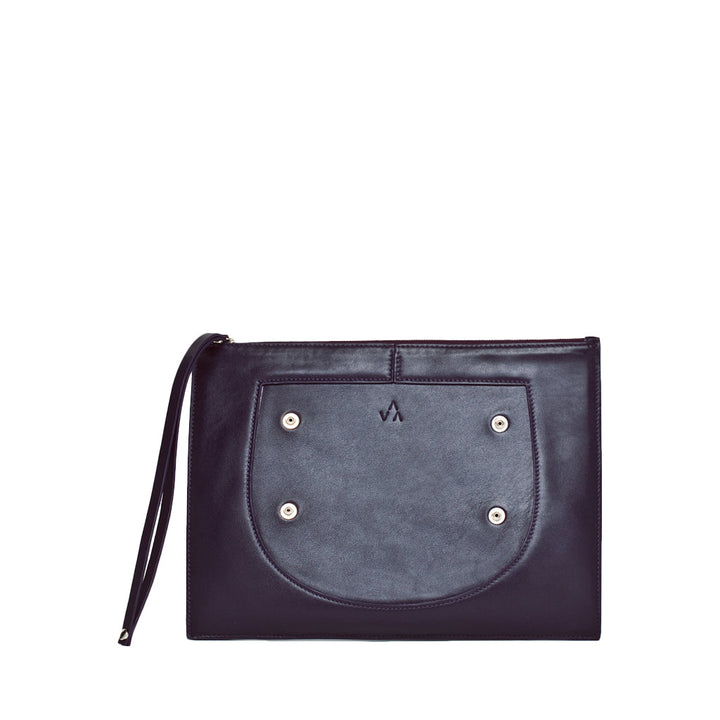 Elegant black leather clutch purse with wrist strap and metal button accents