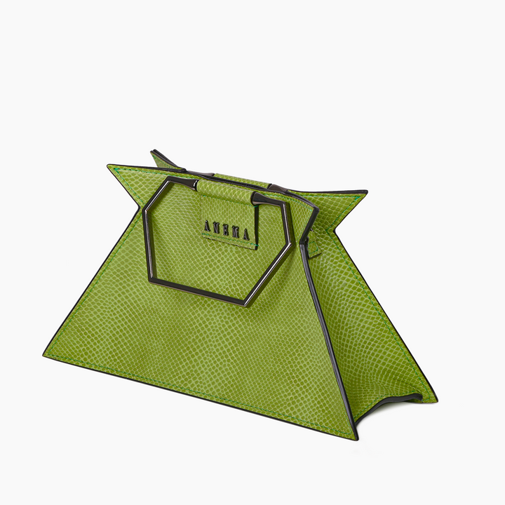 Green geometric handbag with unique angular handles on white background
