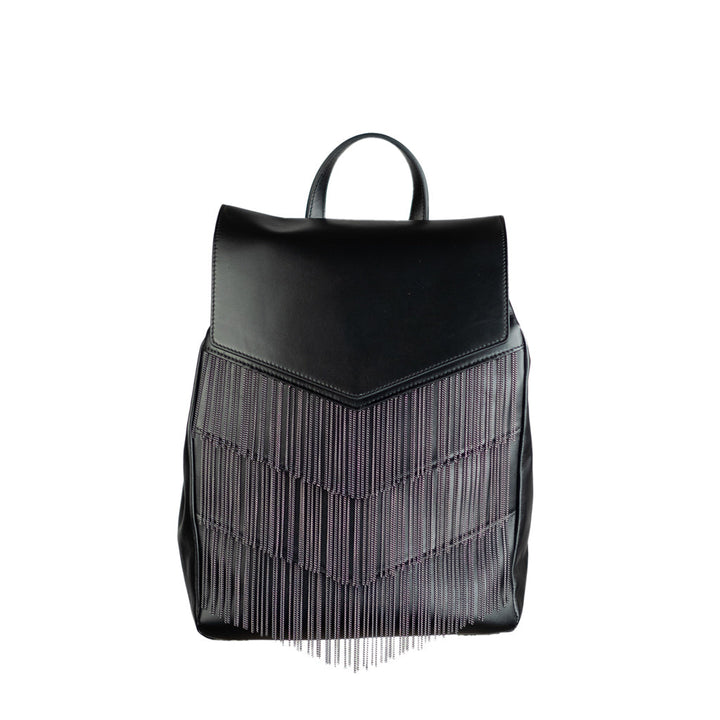 Black leather backpack with fringe details and top handle