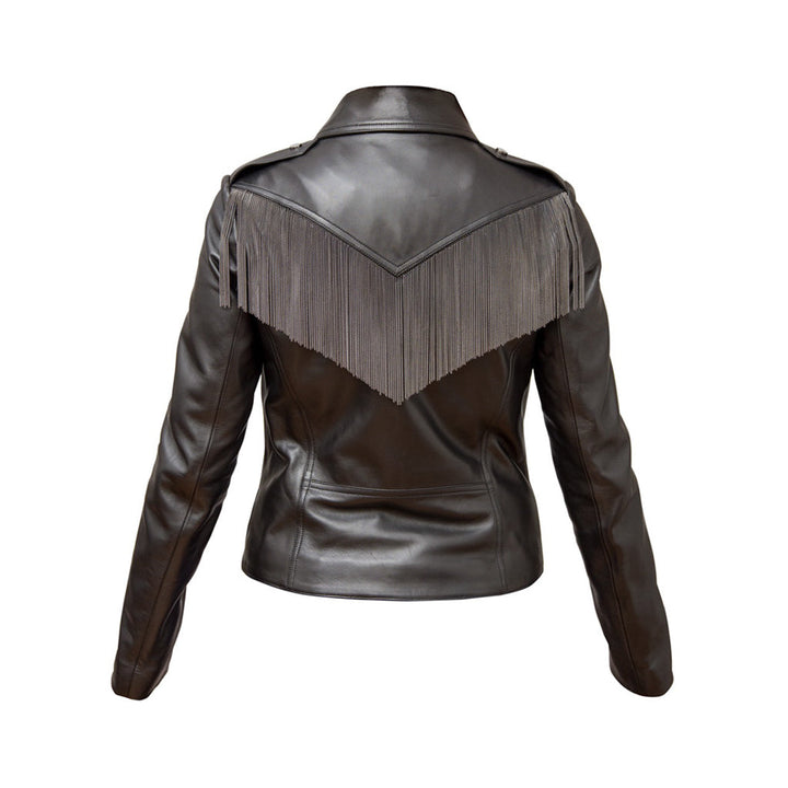 Black leather jacket with fringe detail on back