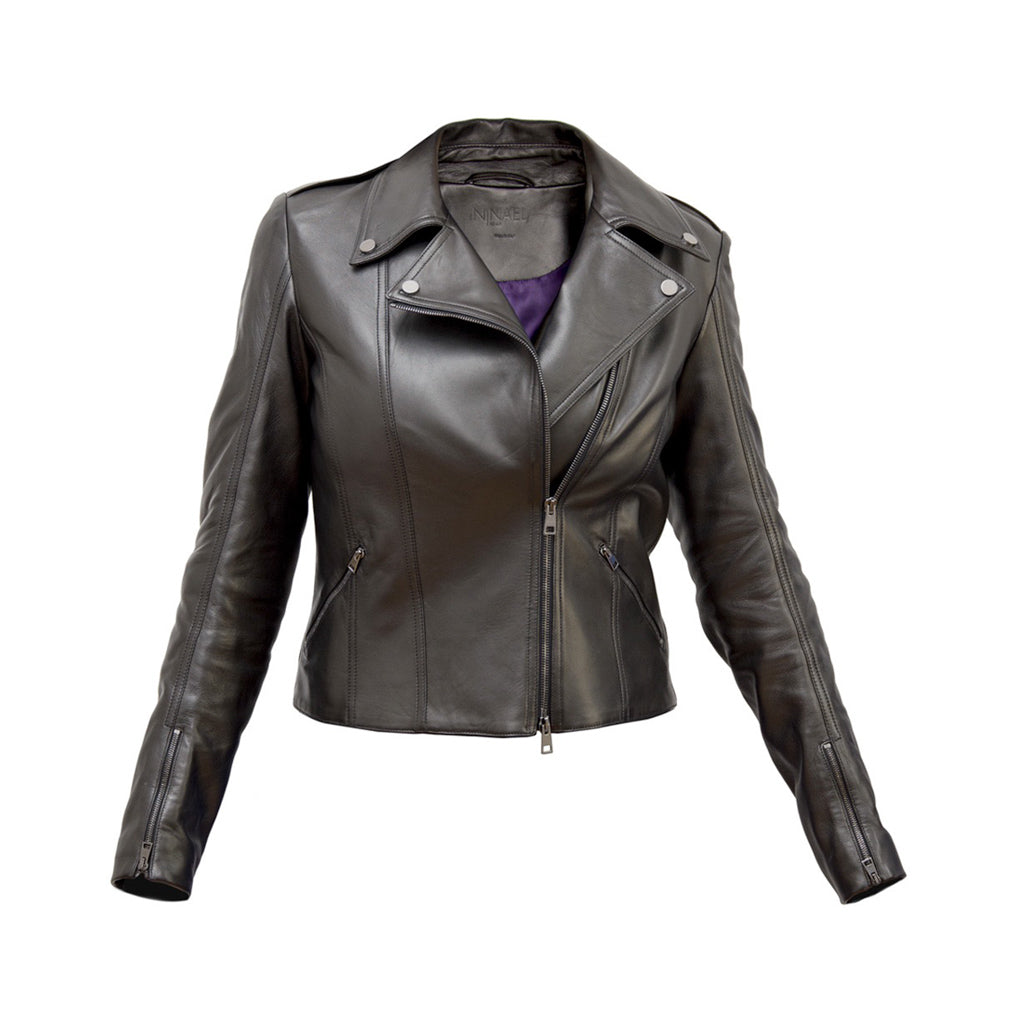 Black women's leather jacket with asymmetrical front zipper and zippered pockets