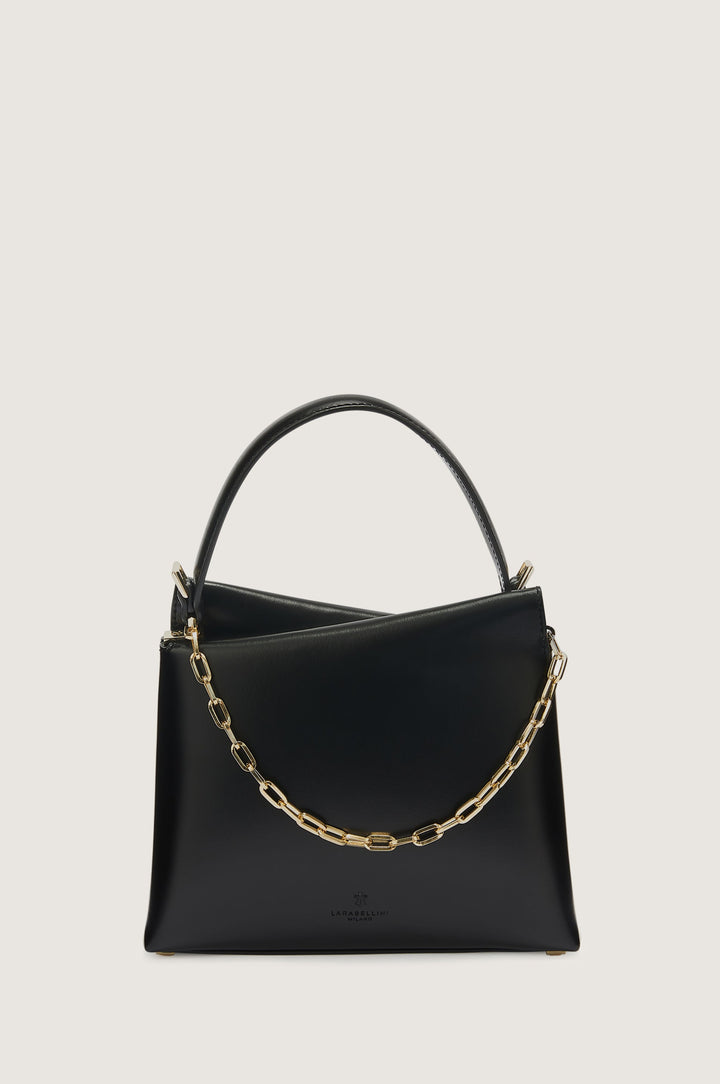 Stylish black leather handbag with gold chain strap