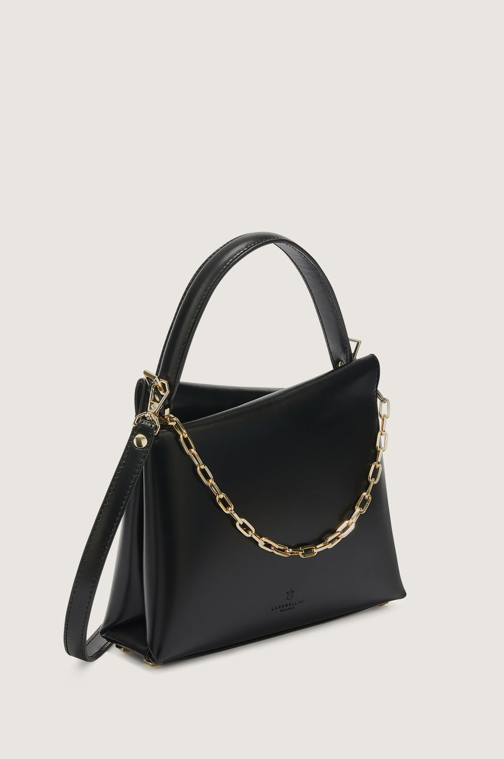 Elegant black leather handbag with gold chain strap and top handle