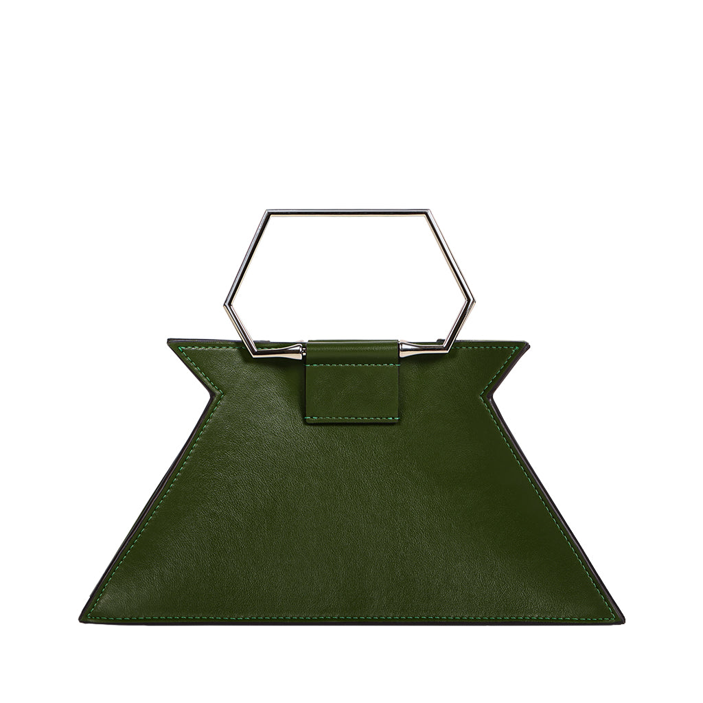 Green geometric handbag with hexagonal metal handle