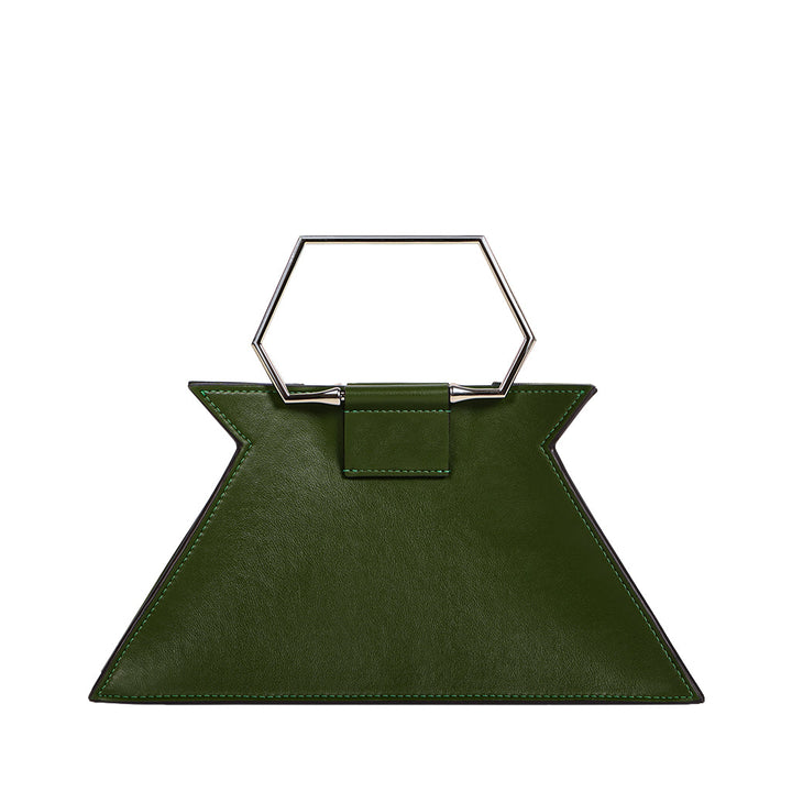 Green geometric handbag with hexagonal metal handle