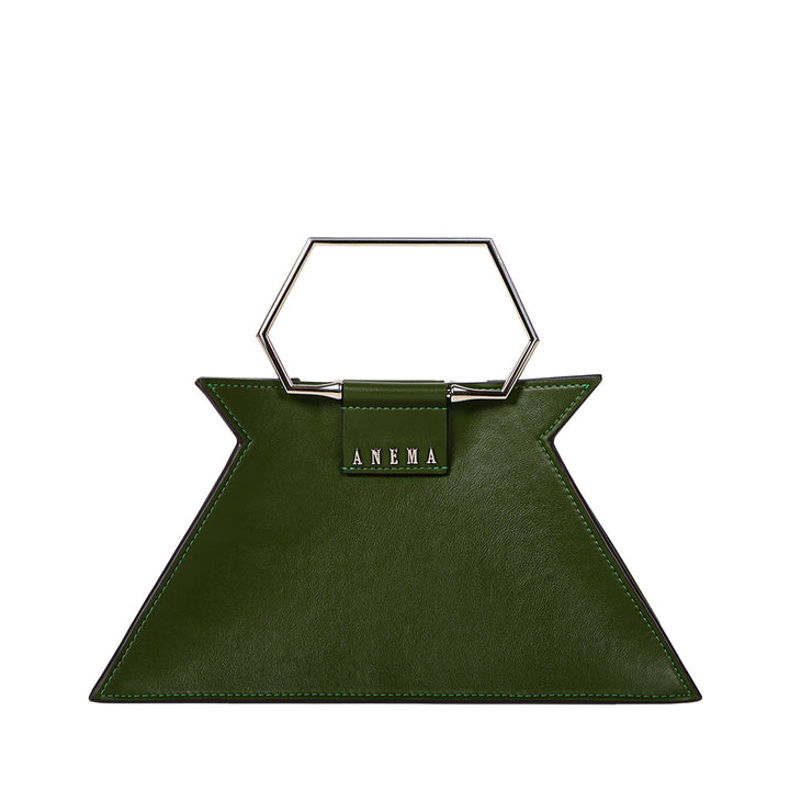 Geometric green leather handbag with hexagonal handle by Anema