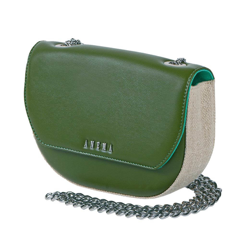 Green leather crossbody bag with chain strap and logo on flap