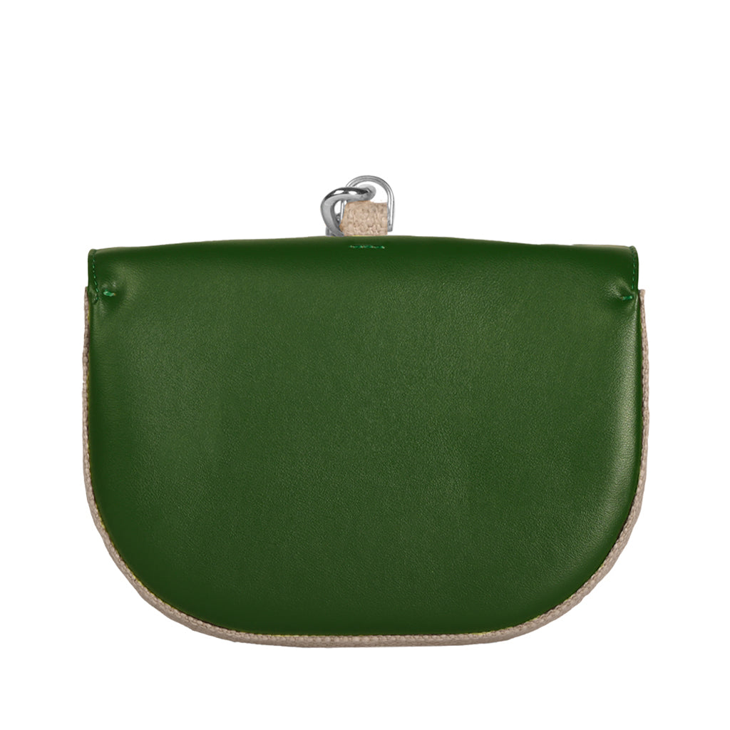 Green half-moon leather coin purse with beige trim