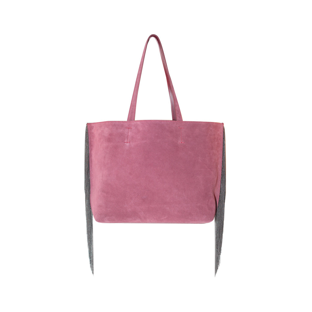 Pink suede tote bag with fringe detailing and long handles