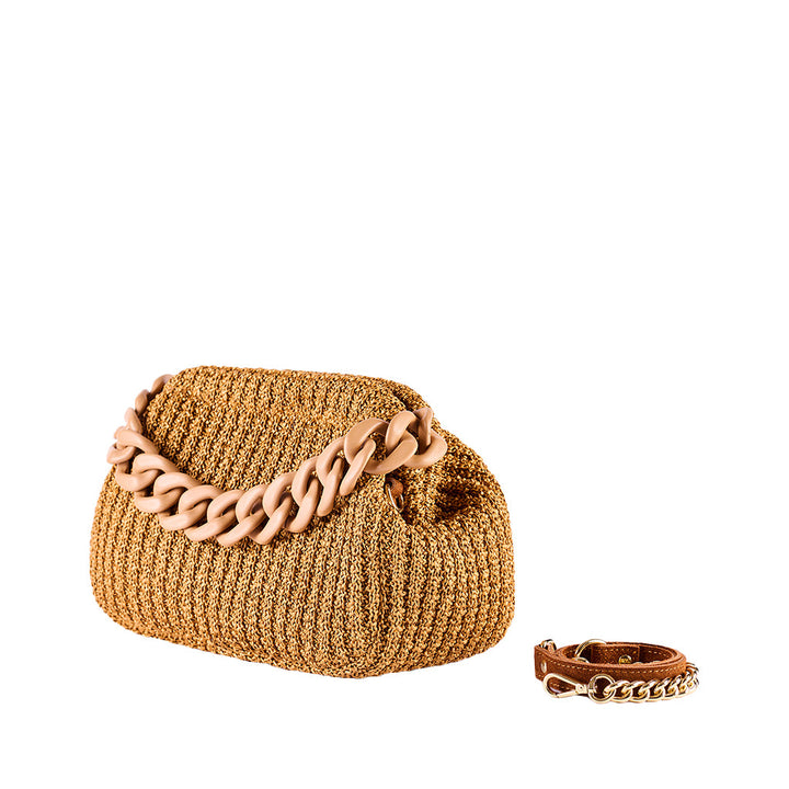 Gold woven handbag with chunky chain strap and matching bracelet