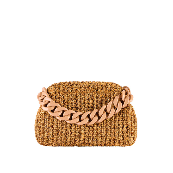 Golden woven handbag with chunky beige chain handle on white background
