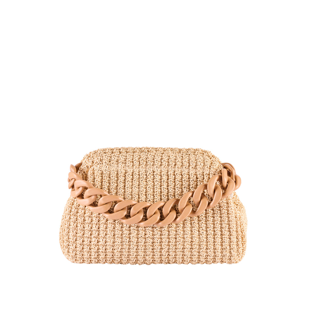 Beige woven clutch bag with chunky chain strap
