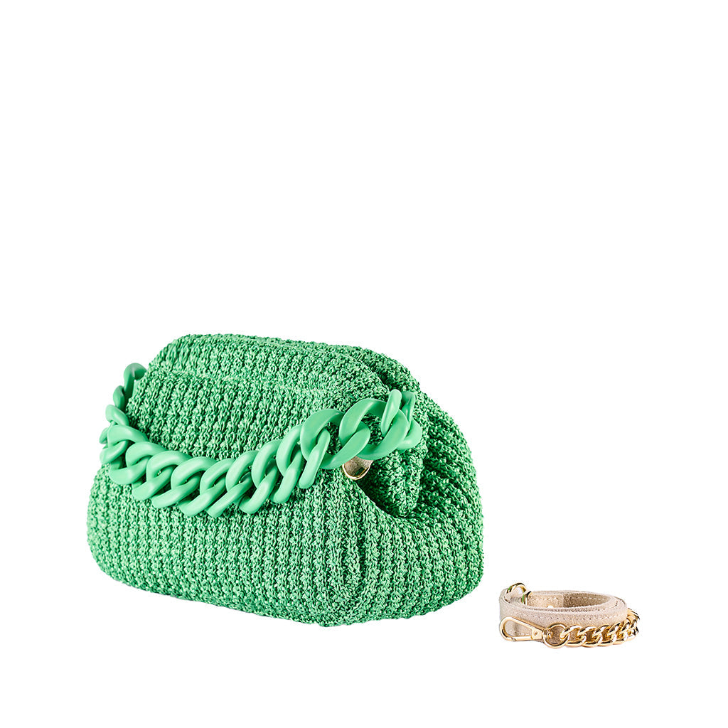Green crochet handbag with chunky chain strap and matching bracelet