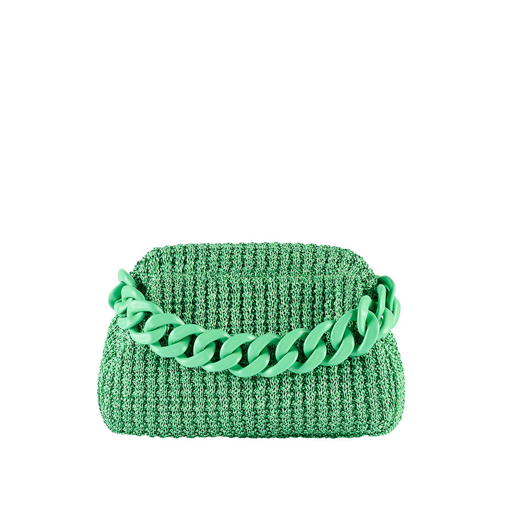 Green woven handbag with chunky chain strap