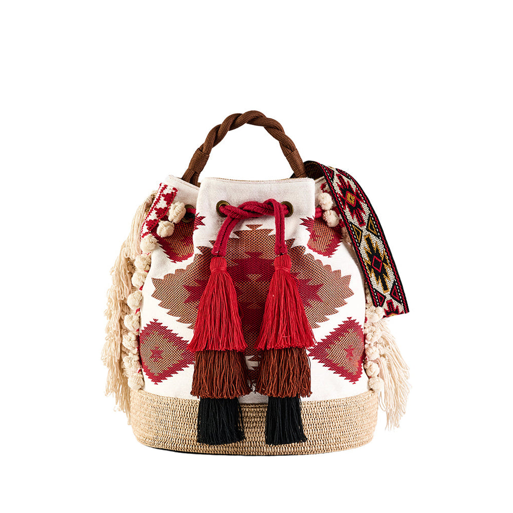 Handwoven white and red patterned bohemian bucket bag with tassels and woven handle
