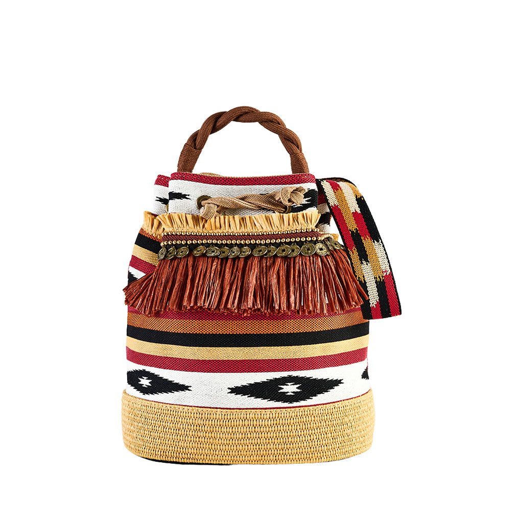 Handwoven colorful drawstring bag with tribal patterns and decorative fringe