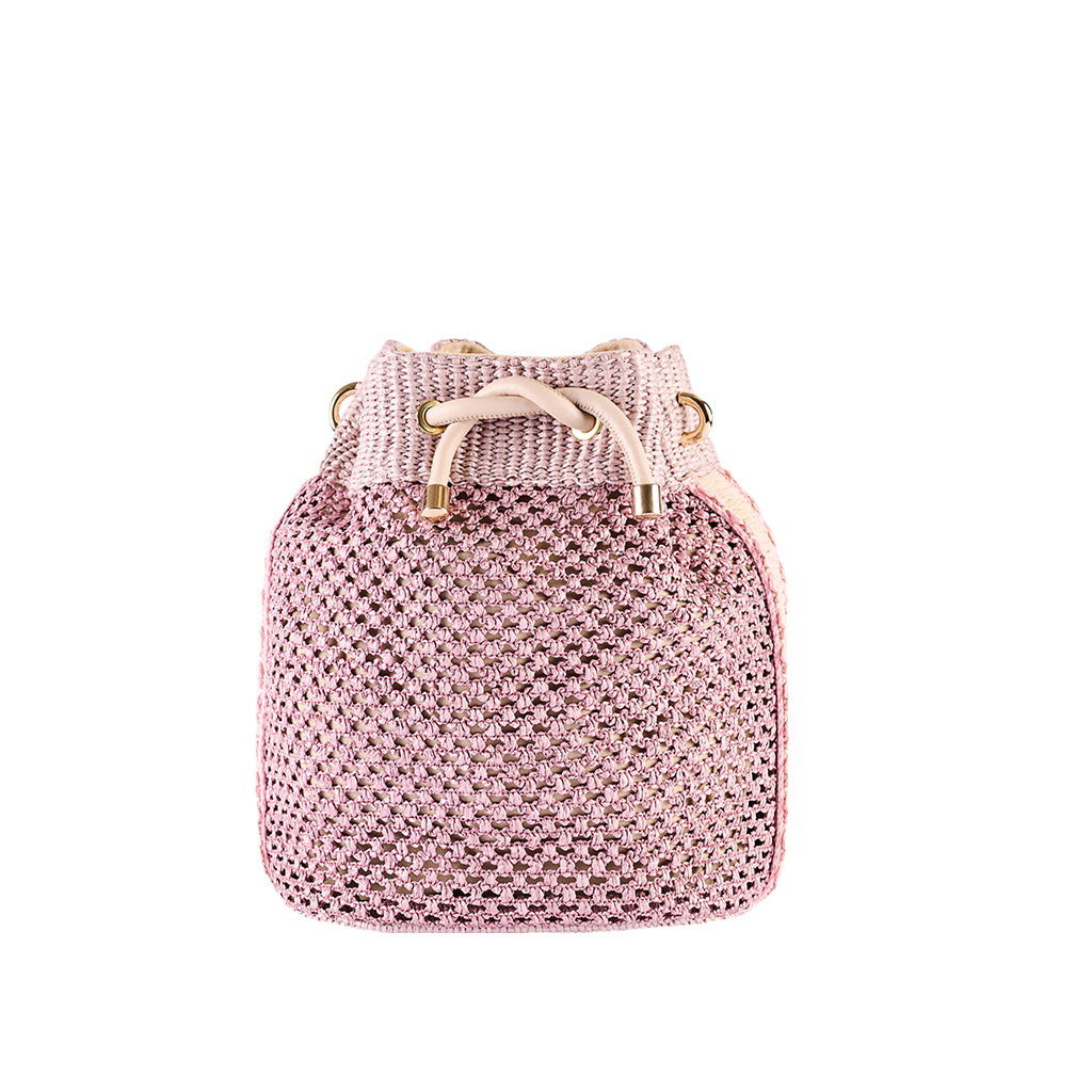 Pink woven drawstring handbag with gold accents