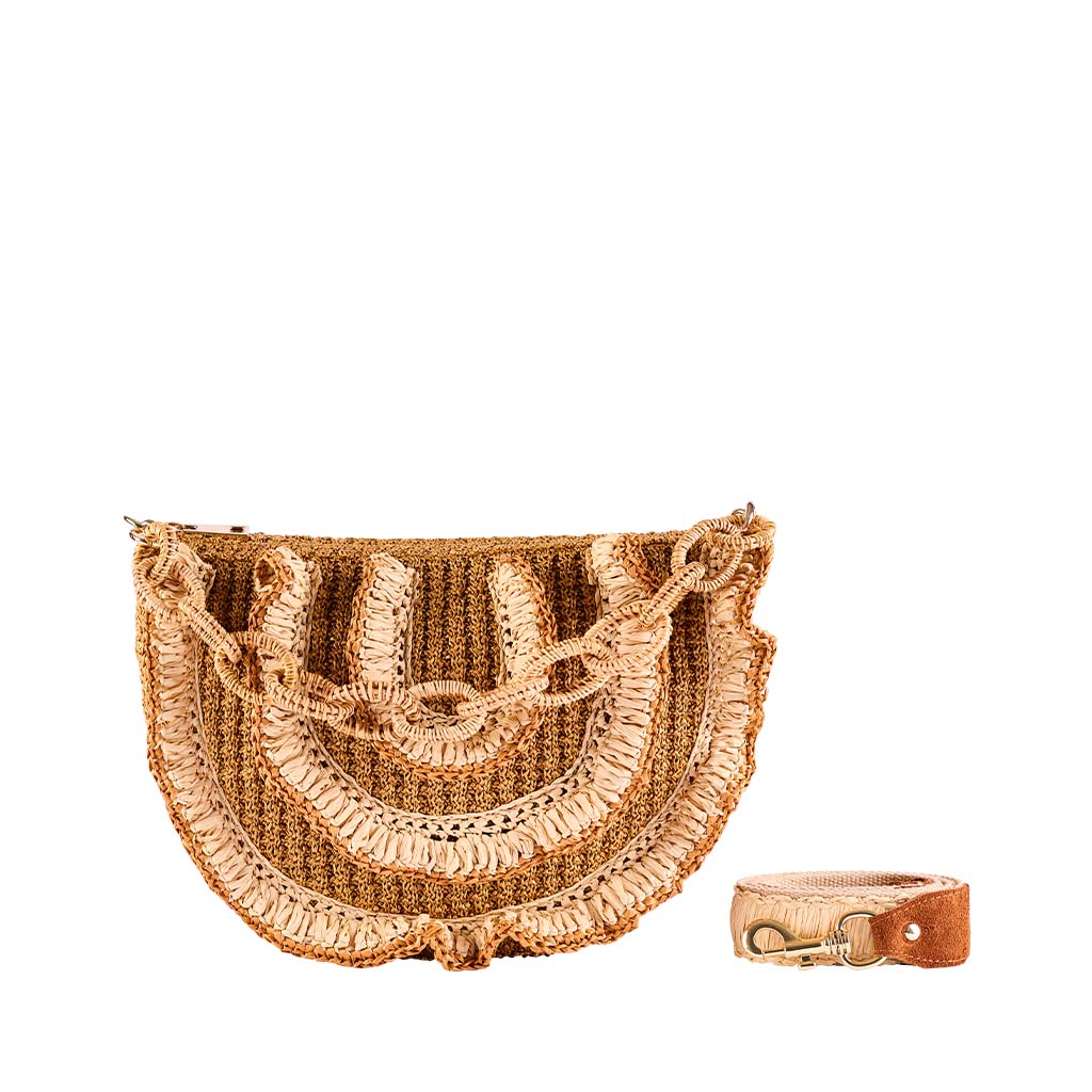 Handwoven straw purse with intricate lace details and detachable strap
