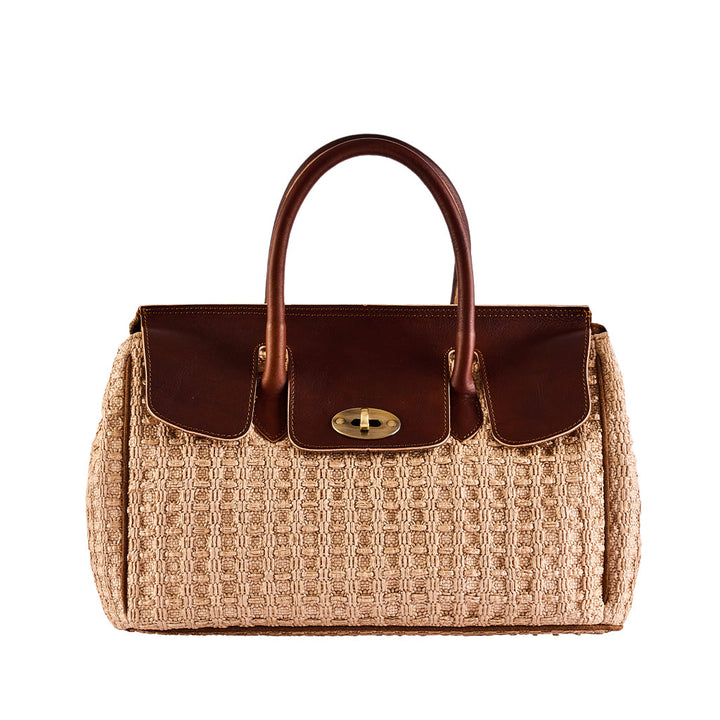 Brown leather and woven textured handbag with top handles and a flap closure