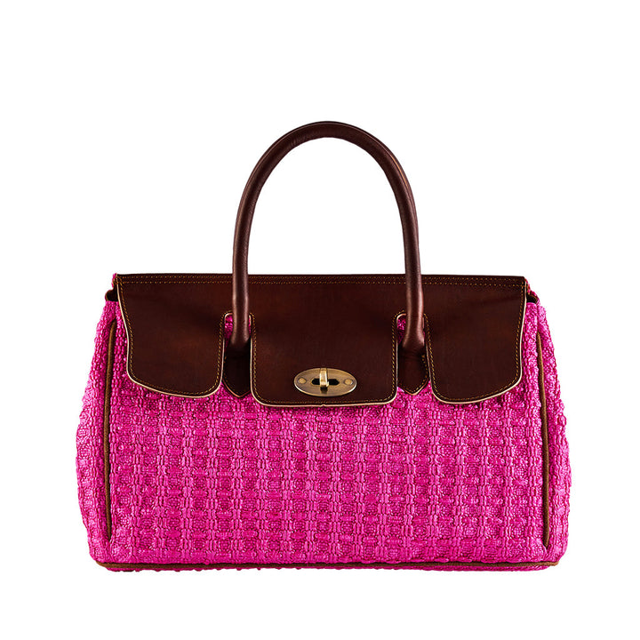 Pink woven handbag with dark brown leather accents and gold-tone hardware