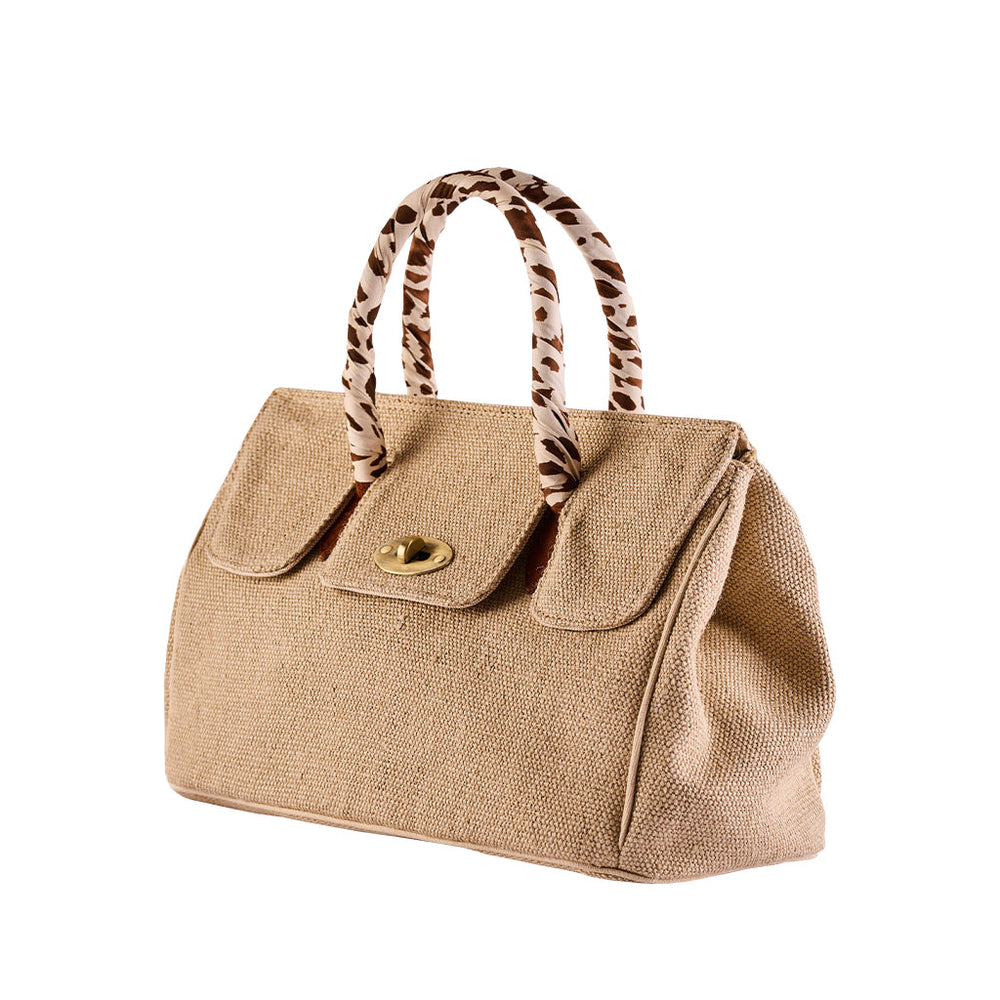 Elegant beige handbag with patterned handles and front clasp