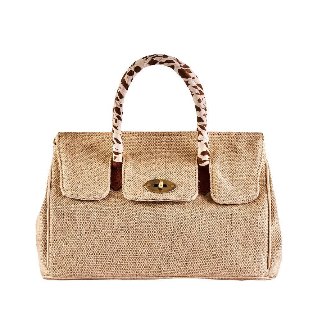 Stylish beige tote bag with patterned handles and front clasp