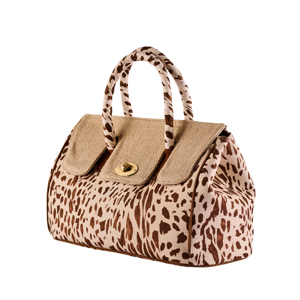 Leopard print handbag with textured fabric and dual handles