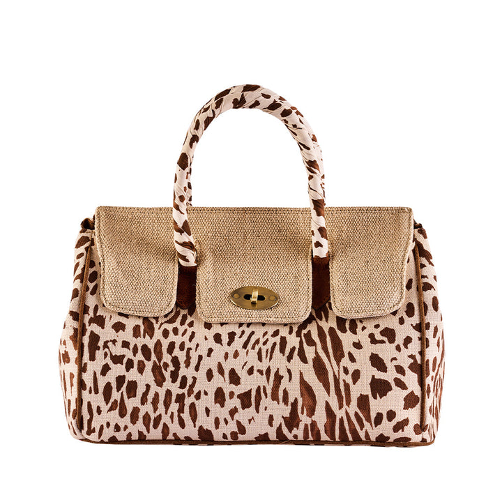 Animal print handbag with burlap accents and turn-lock closure