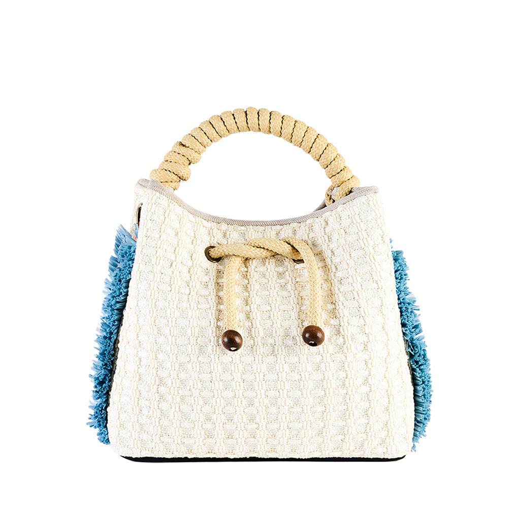 Stylish white textured handbag with blue side accents and rope handles