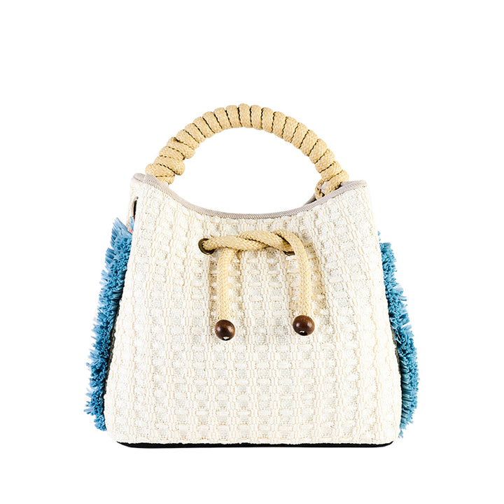 Stylish white textured handbag with blue side accents and rope handles