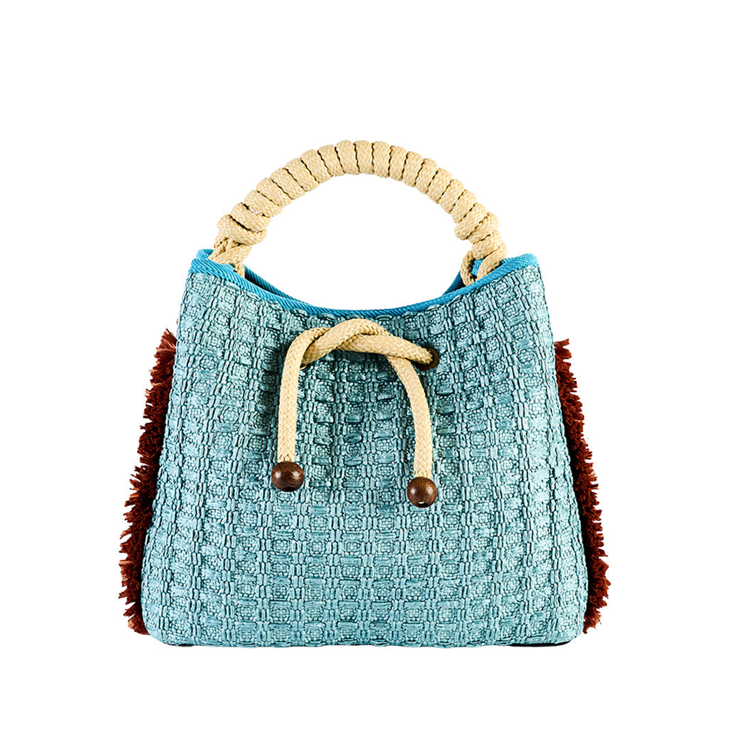 Handcrafted blue woven handbag with rope handles and decorative tassels