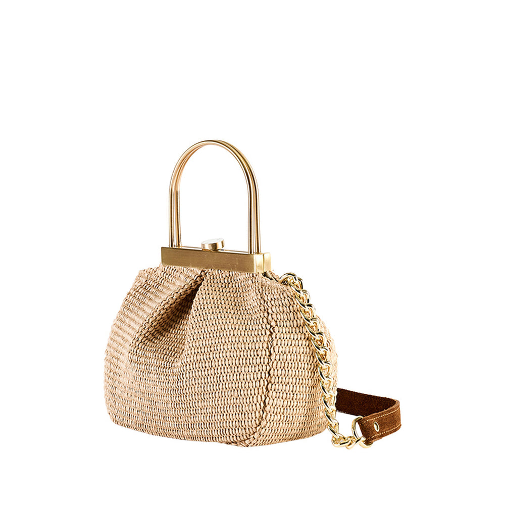 Stylish beige woven handbag with gold handle and chain strap