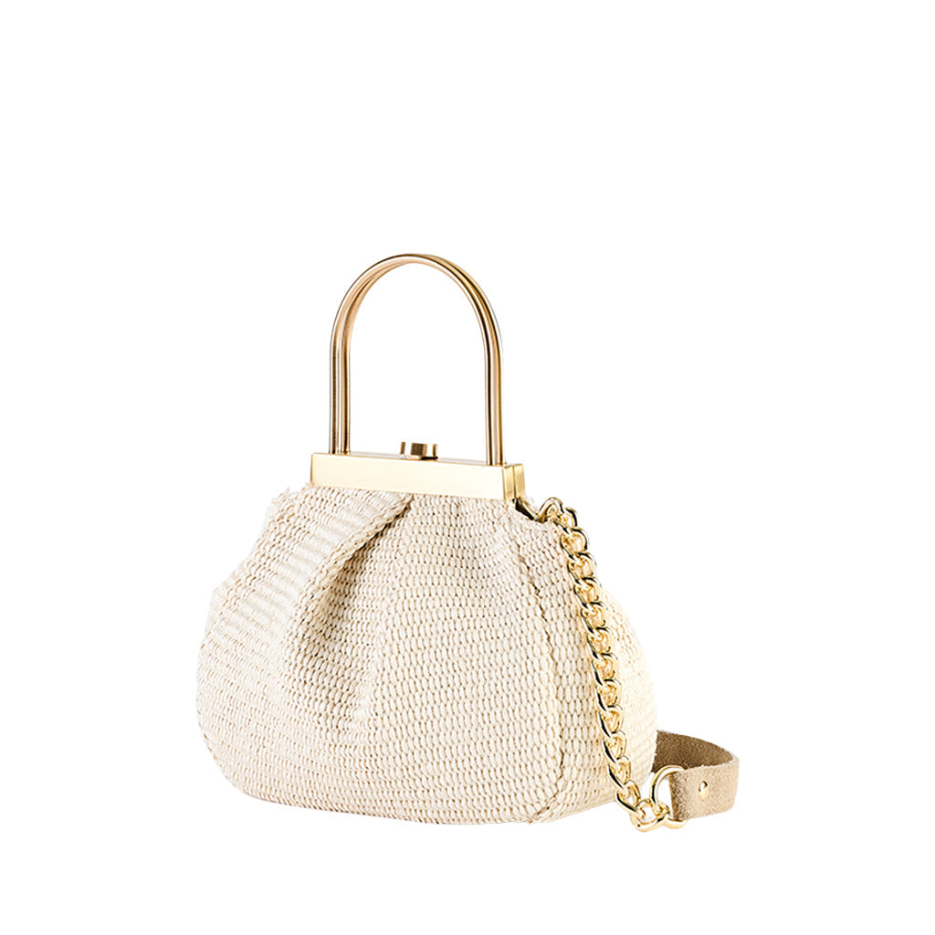 Elegant beige woven handbag with gold metal handle and chain strap