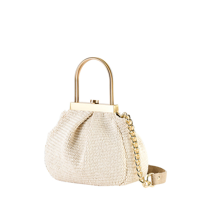 Elegant beige woven handbag with gold metal handle and chain strap